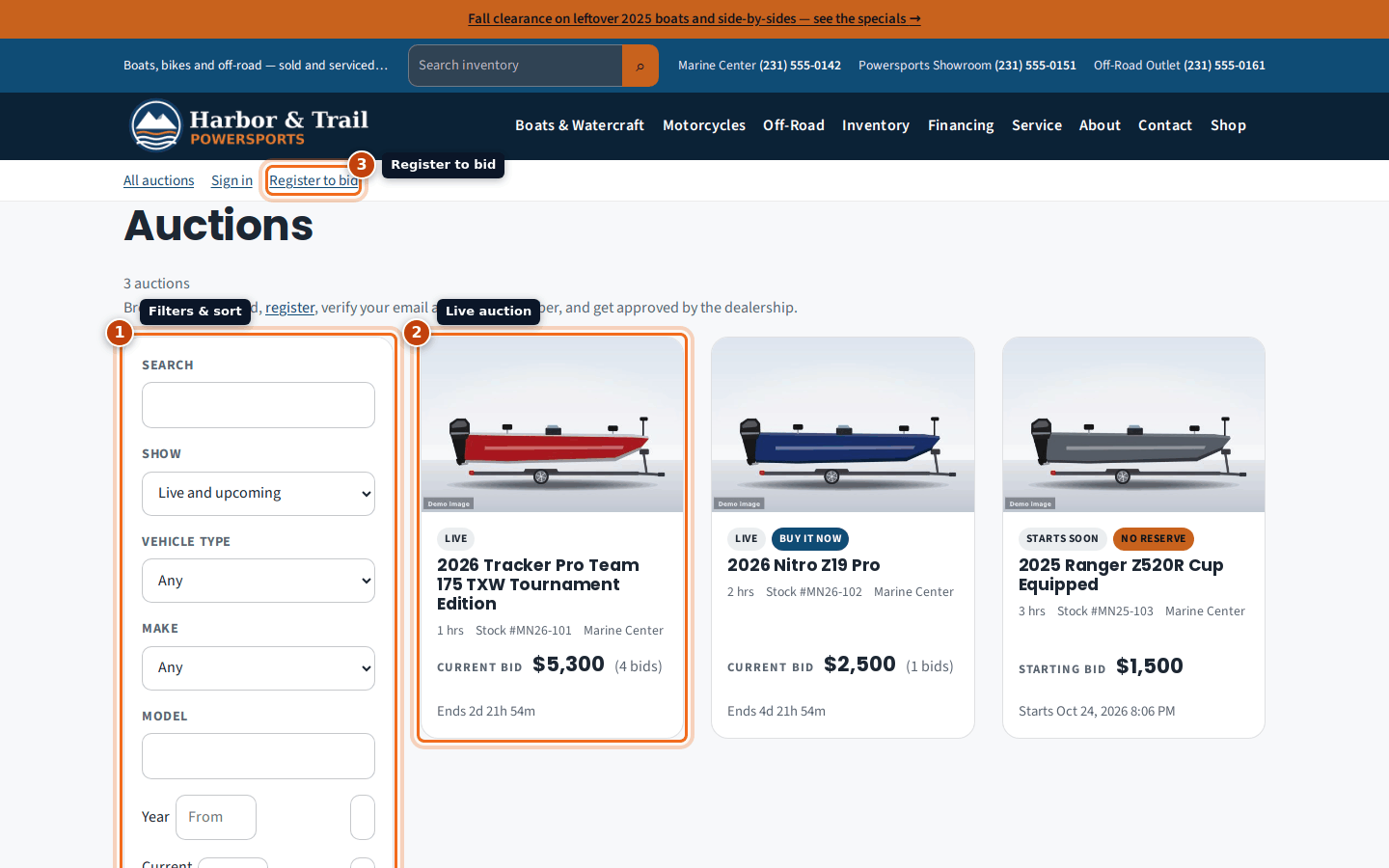 The public auctions page with filters, a live auction card and the Register to bid link highlighted