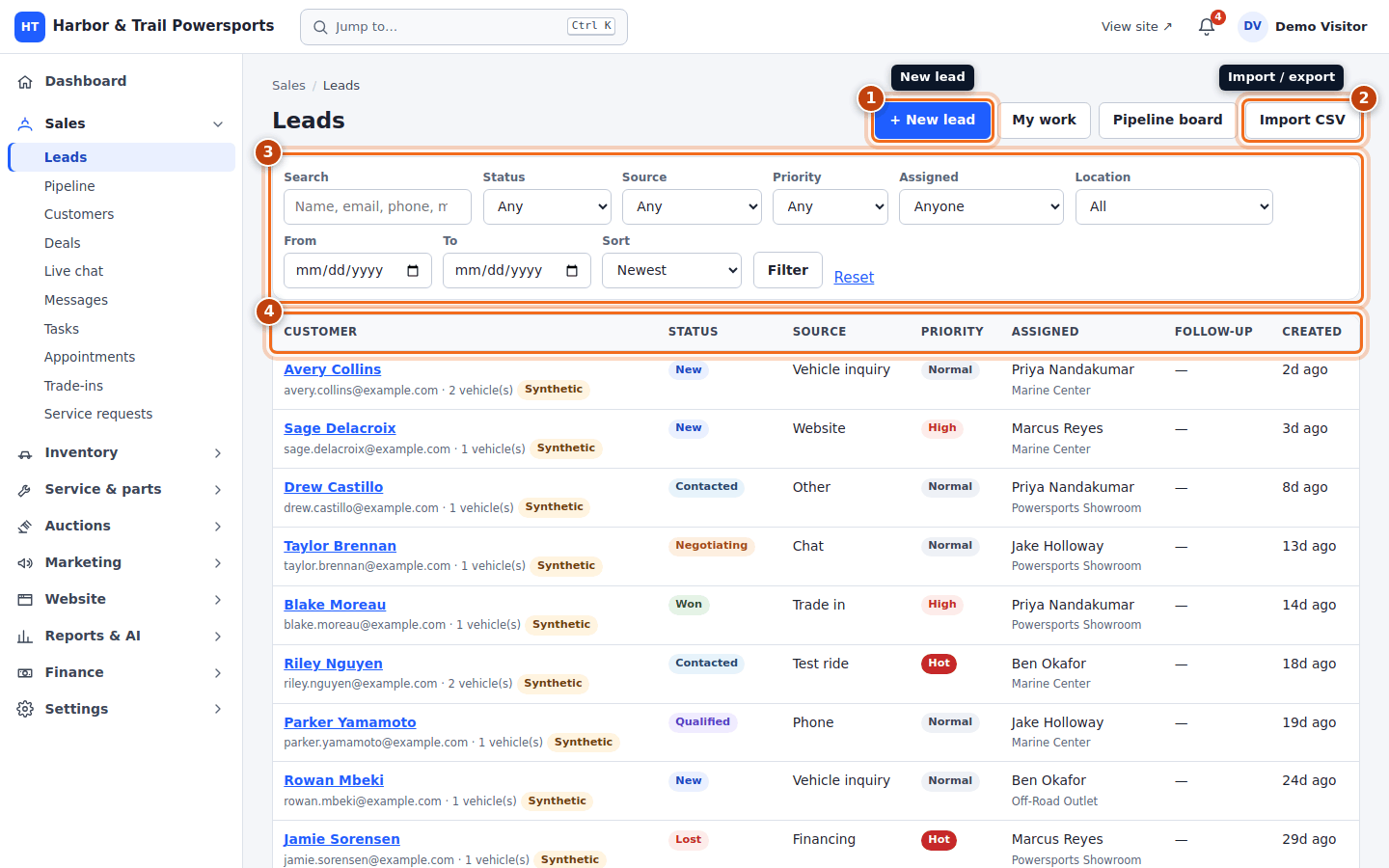 The lead list with the New lead button, the import and export buttons, the filter bar and the lead table highlighted