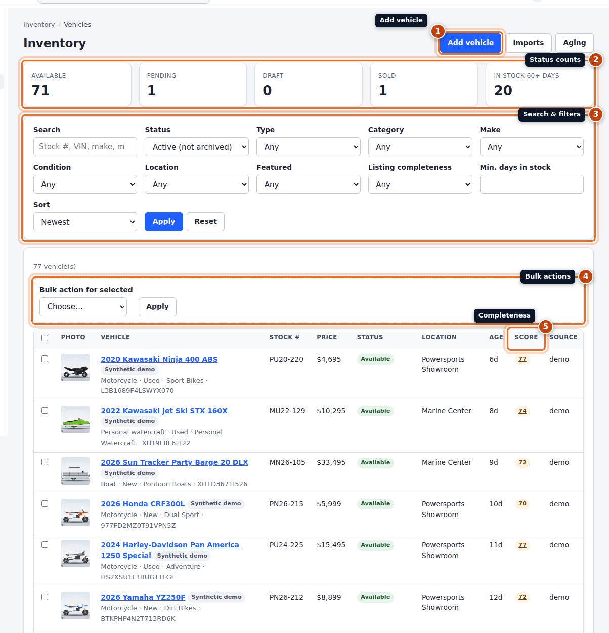 The inventory list with the Add vehicle button, status counts, search and filters, bulk actions and the completeness score column highlighted