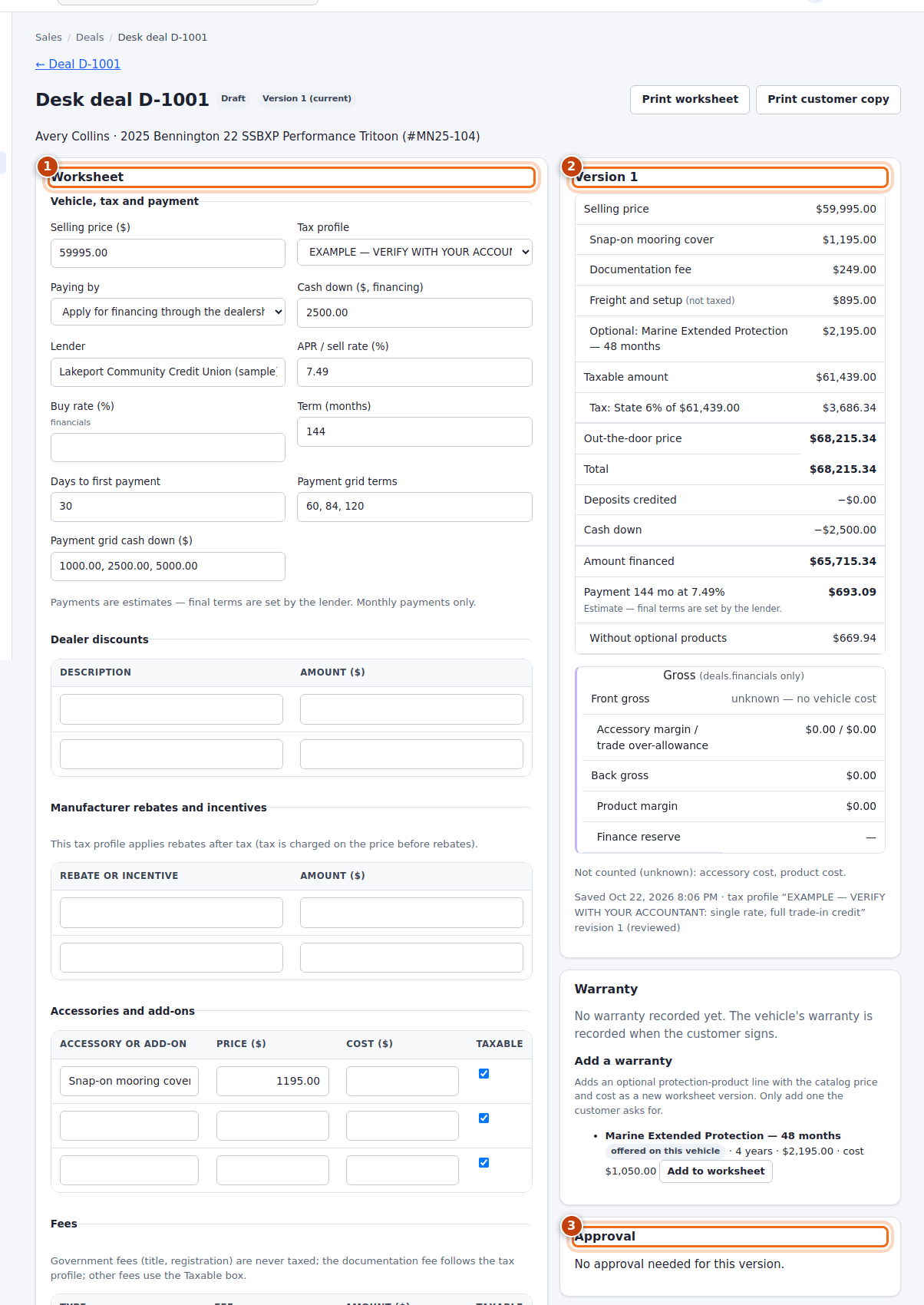 A desking worksheet with the worksheet inputs, the saved version summary and the approval panel highlighted