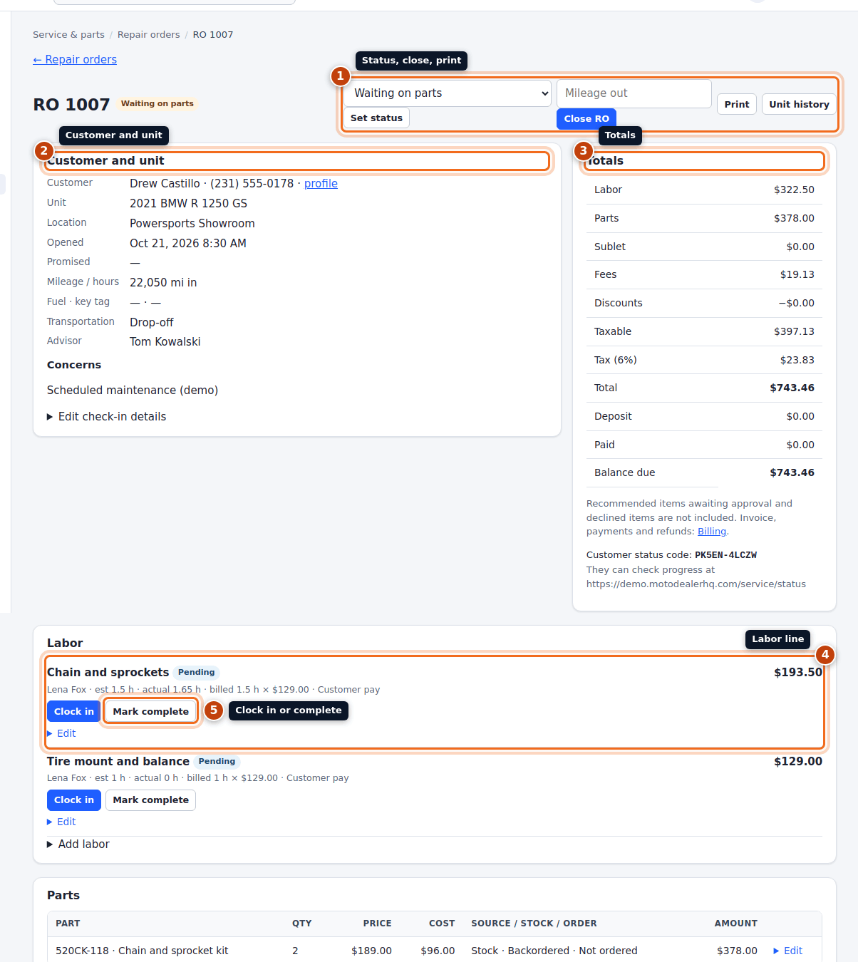 A repair order page with the status controls, customer and unit, totals, a labor line and the clock buttons highlighted