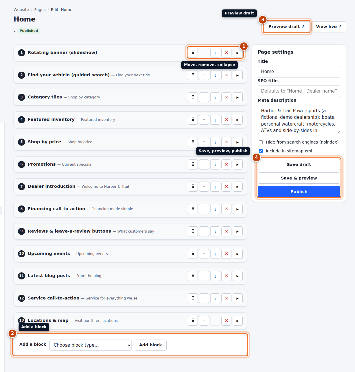 The block editor for the Home page with the block tools, Add a block, Preview draft and the save buttons highlighted
