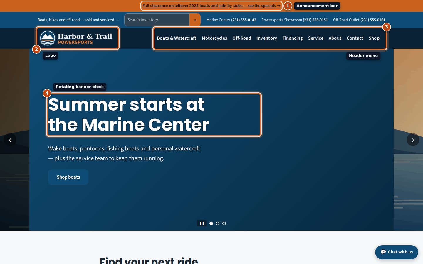 The demo dealership's home page with the announcement bar, logo, header menu and rotating banner highlighted